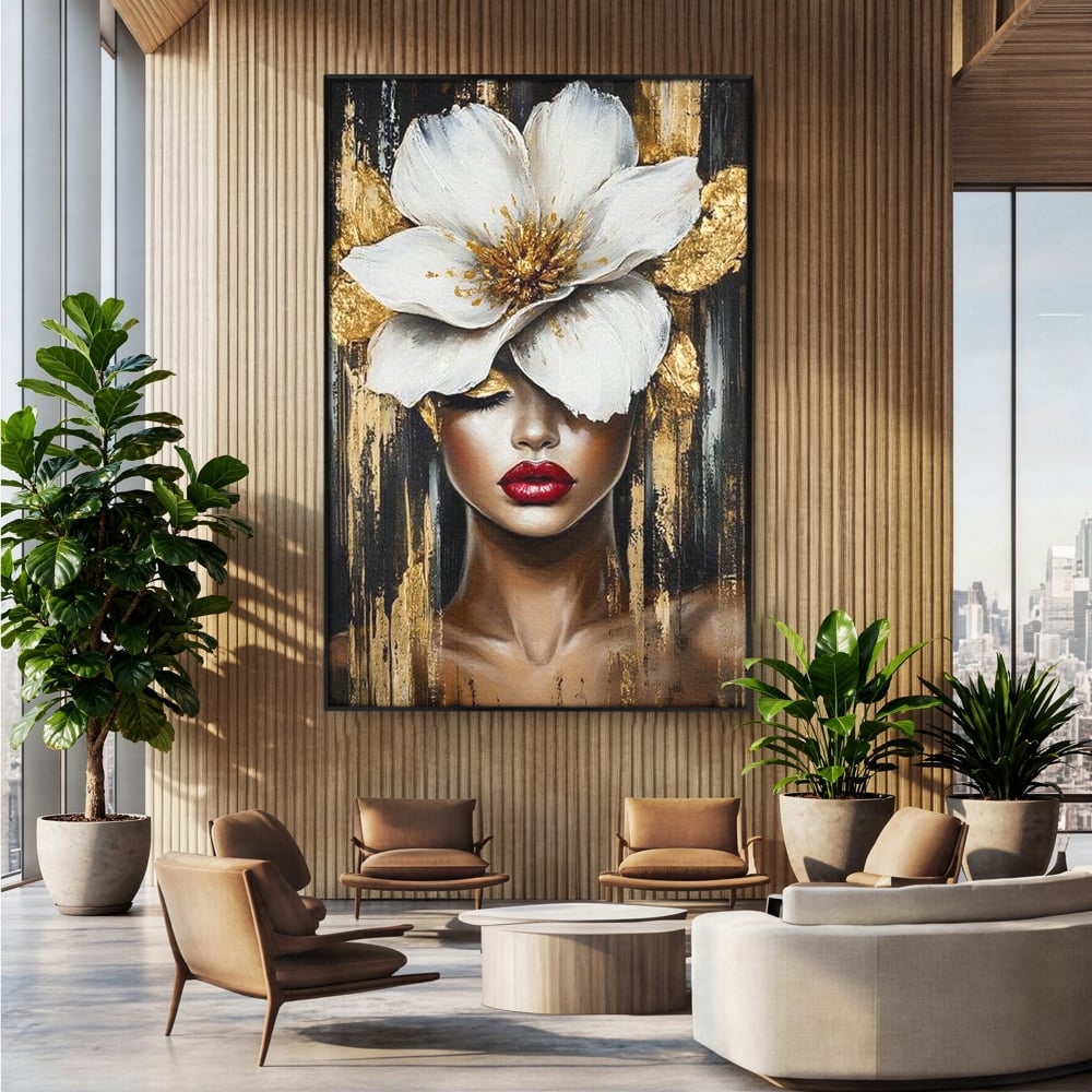 Tablou canvas cu tablou canvas cu portret de femeie si floare, in rama de aluminiu negru, pe perete intr-un birou